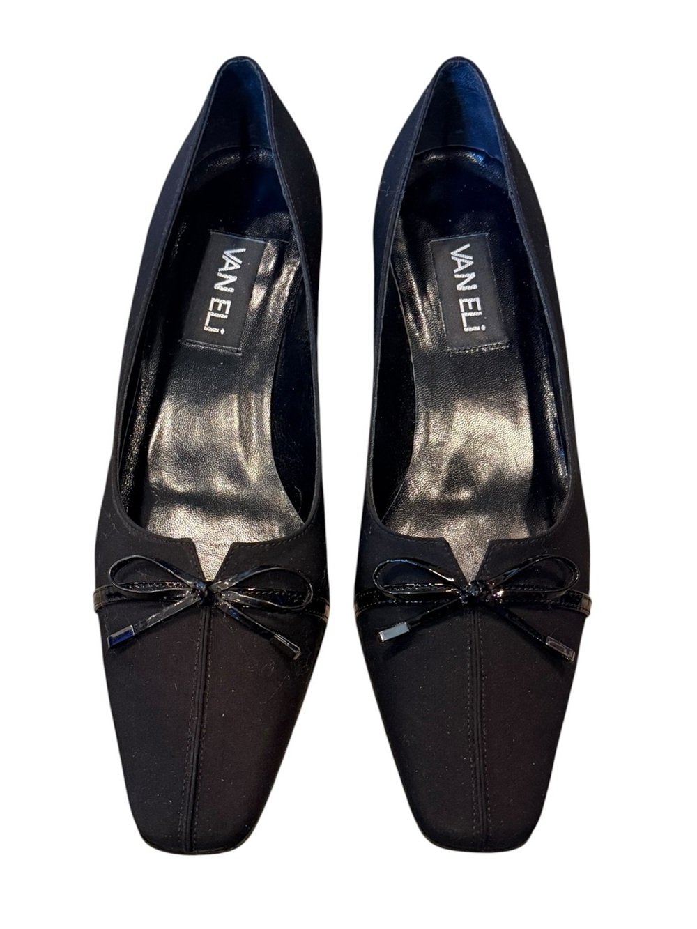 Van Eli Black Fabric Square Toe Pump Patent Leather Bow Block Heel 8M